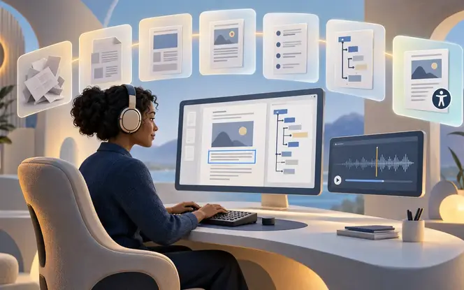 Accessibility specialist wearing headphones tests a remediated document with a screen reader, with the document structure panel open beside the page.