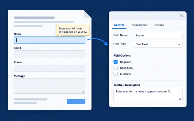 PDF form beside a field properties dialog with a descriptive tooltip and the required setting switched on
