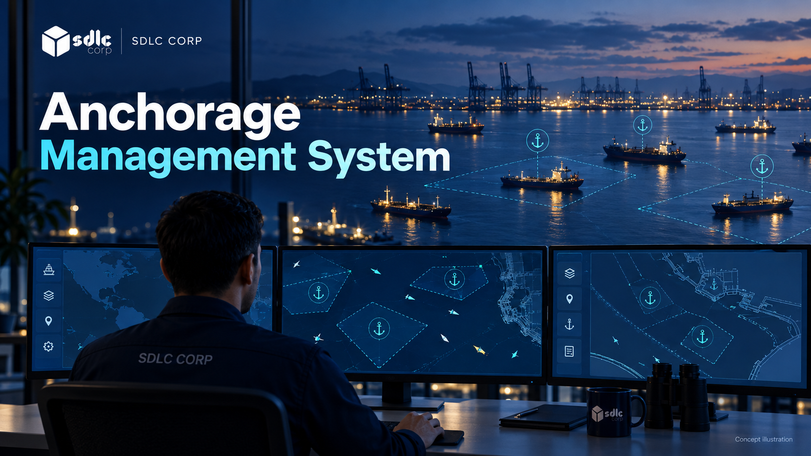 Harbor operations overview with allocation zones and an operator workspace.