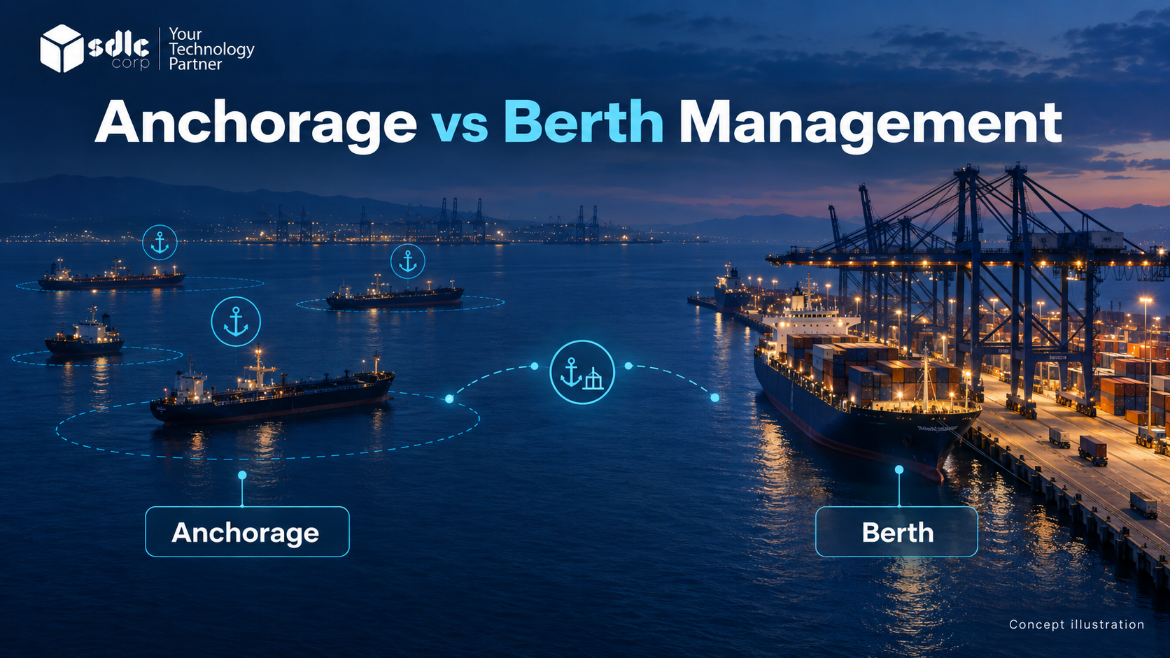 Anchorage waiting areas beside a berth and terminal, with distinct responsibilities.
