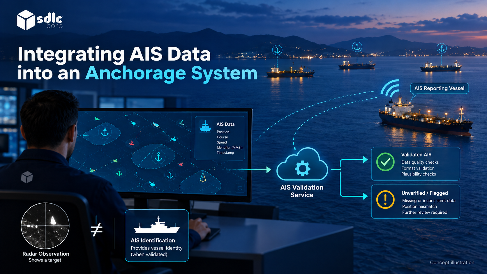 An AIS reporting vessel, receiving feed and validation service.