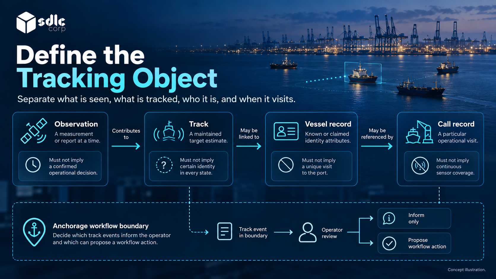 Four linked records: observation, track, vessel identity and port call.