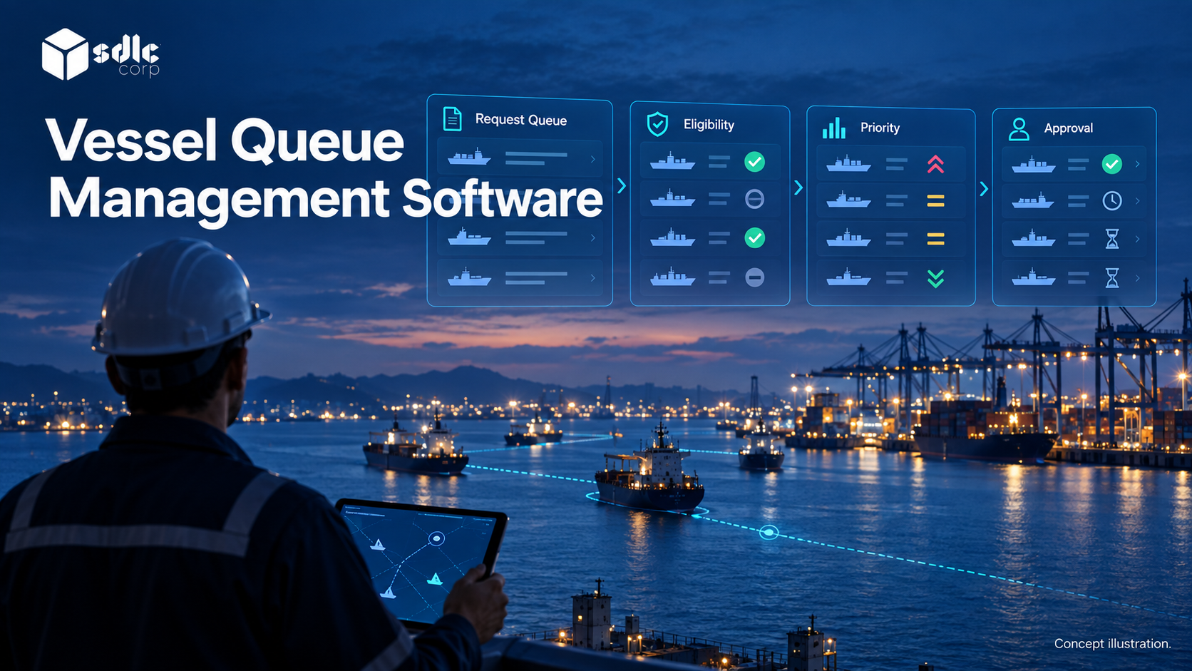 A request queue with eligibility, priority and approval visibly separated.
