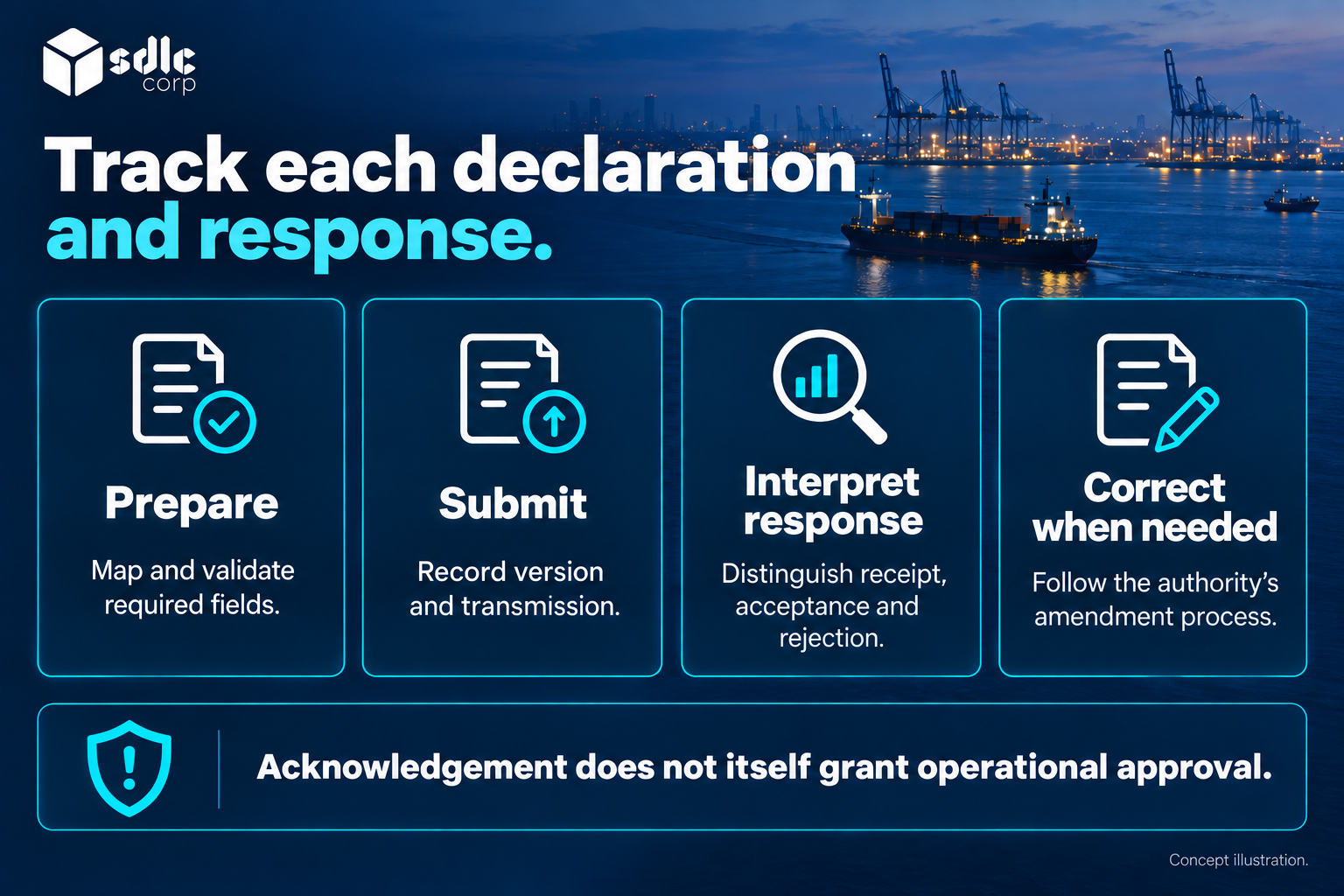 Declaration workflow from preparation and submission through response and correction.