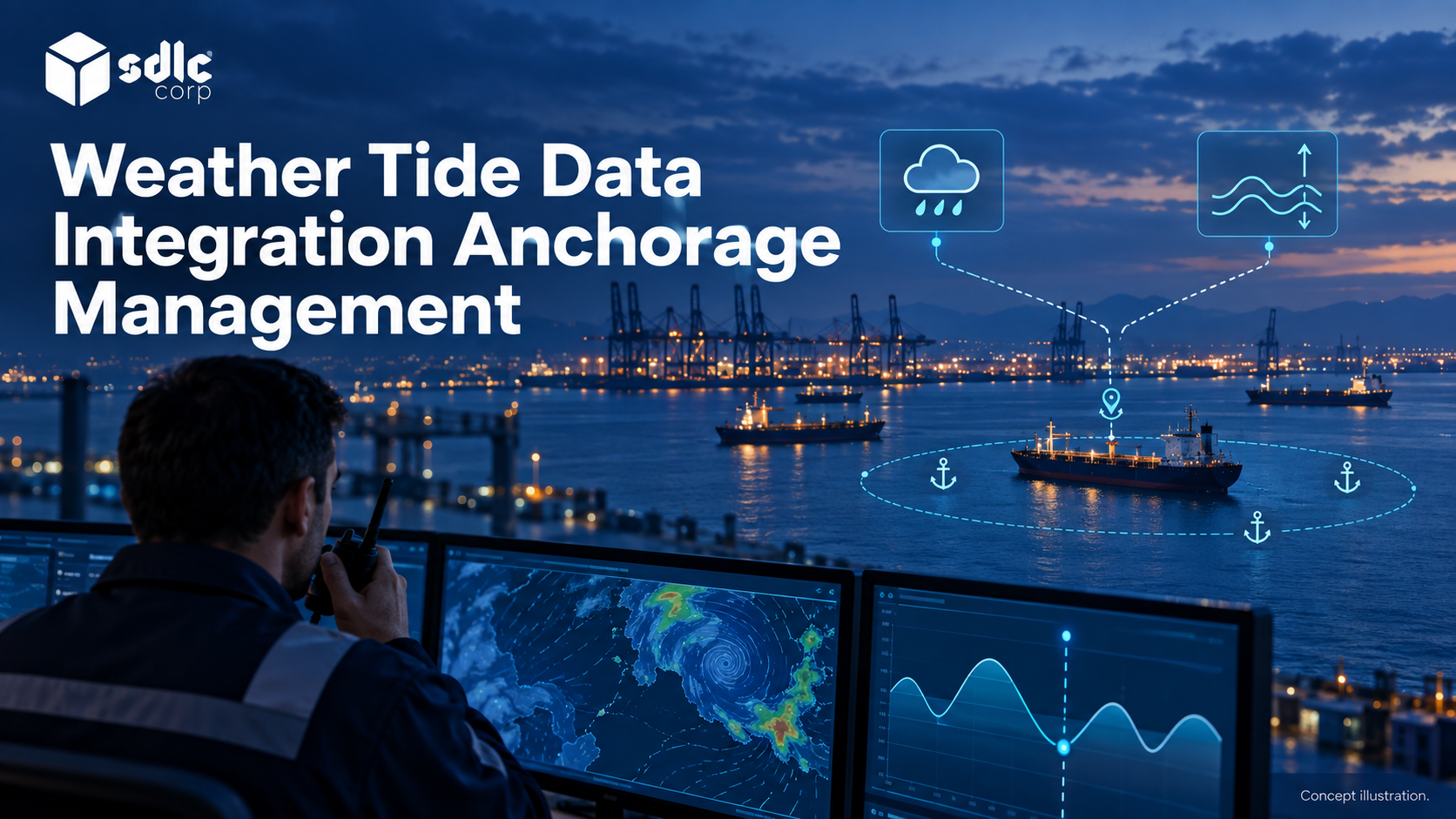 Weather and tide observations linked to a port operating decision.