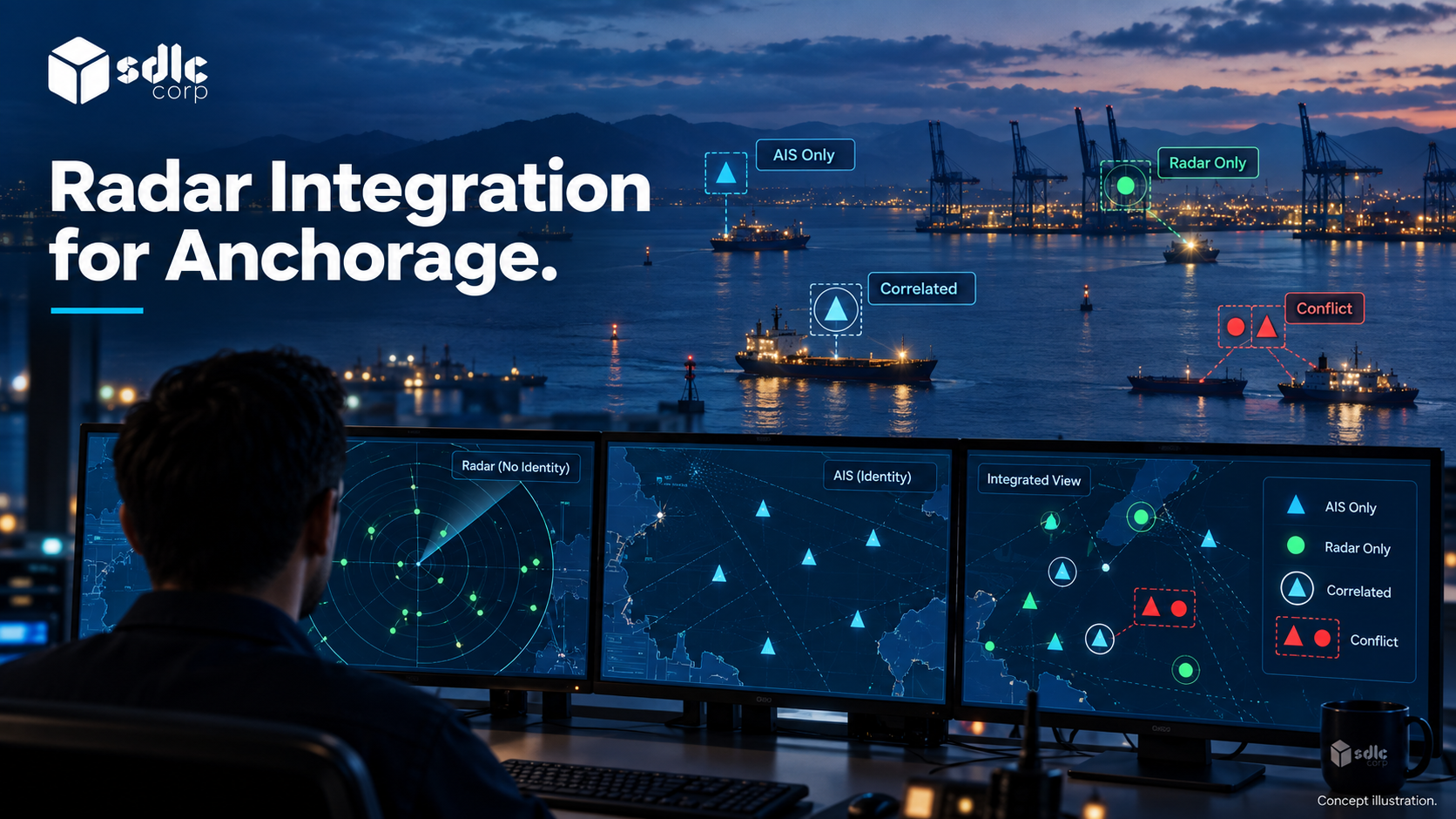 Independent radar and AIS sources feeding a port traffic workspace.