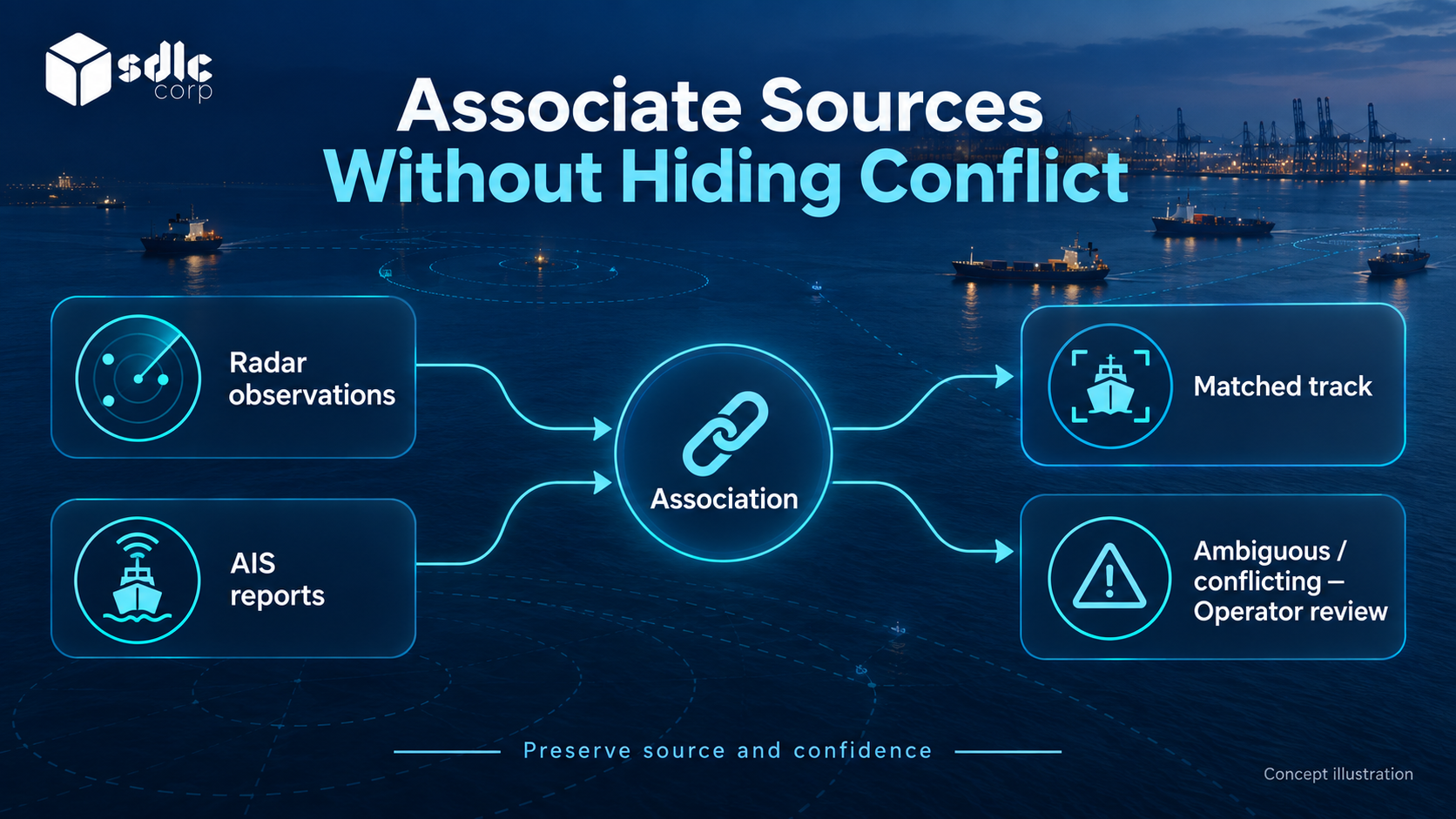 Two-source association diagram with matched, ambiguous, split and conflicting states.