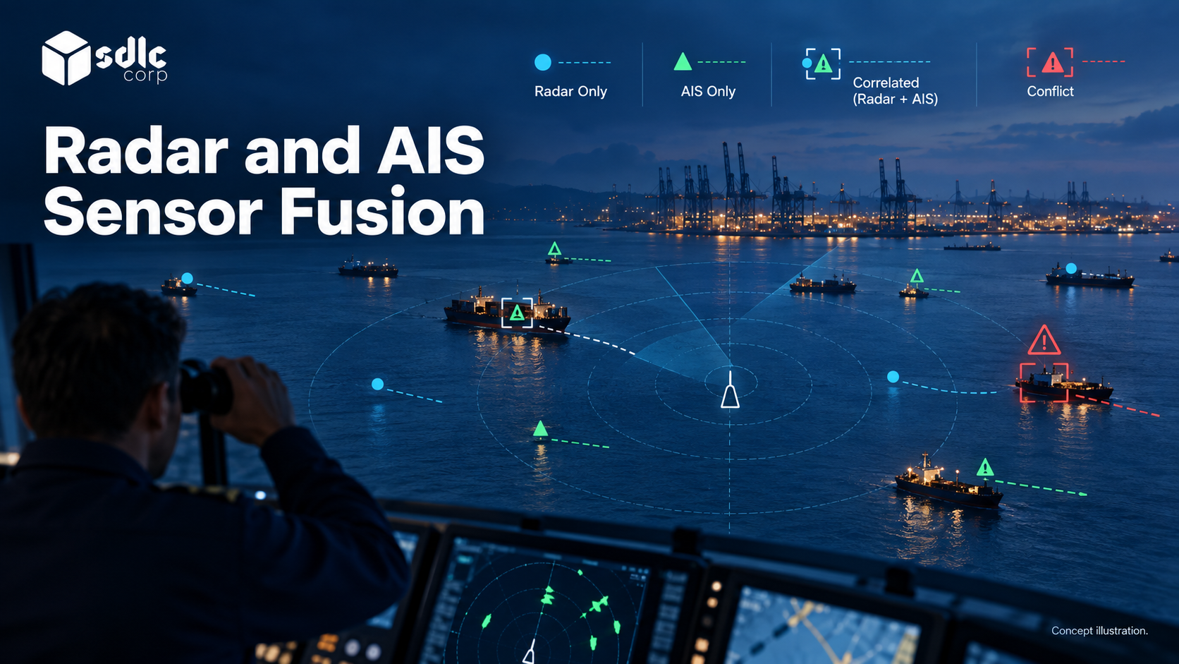 Radar and AIS observations correlated into a source-aware traffic picture.