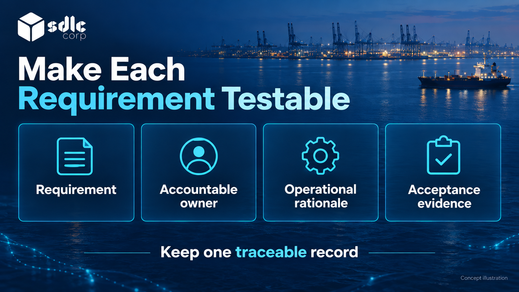 Requirement record with fields for an owner, business reason and acceptance evidence.