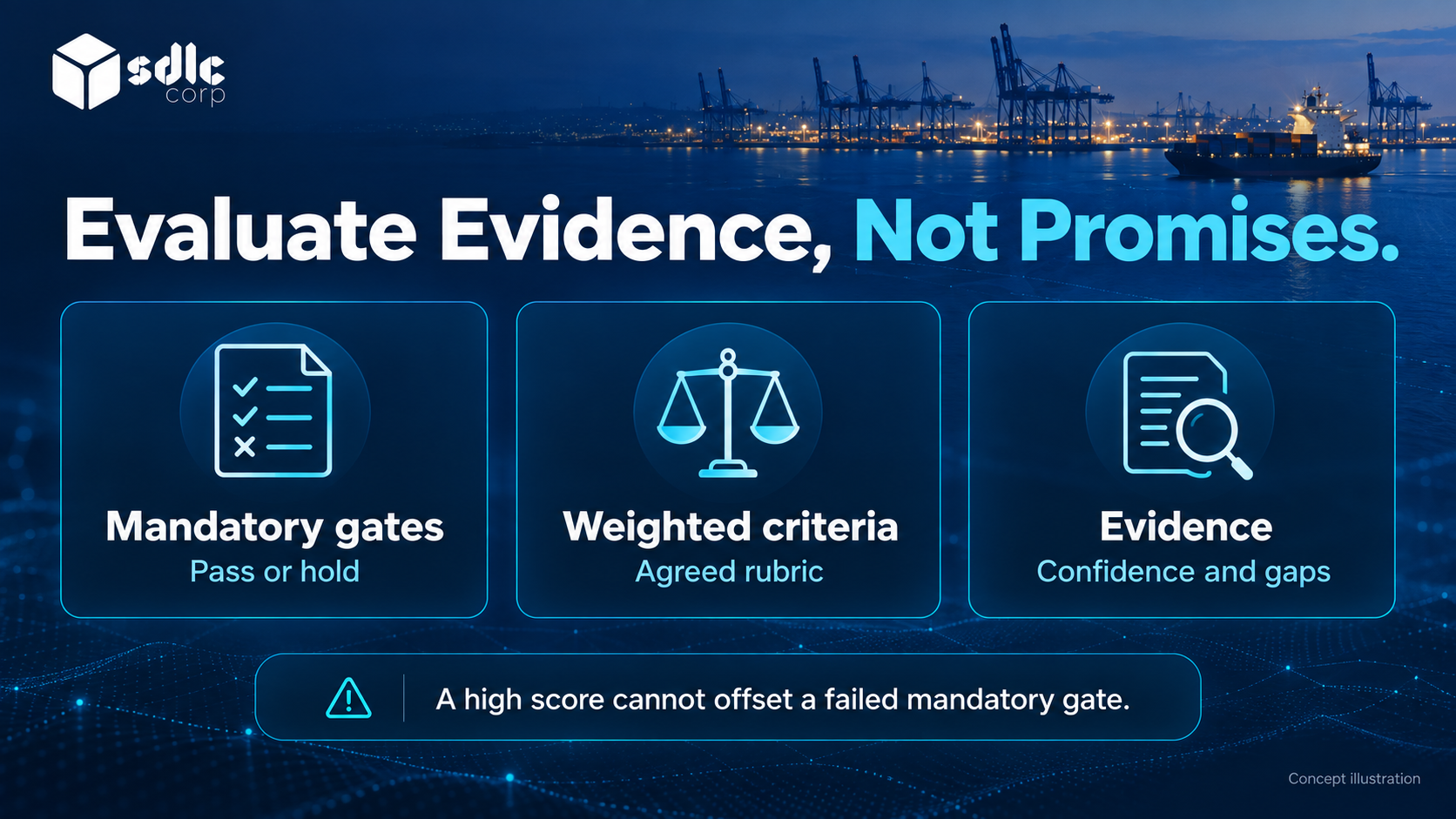 Scoring workflow showing mandatory gates, weighted criteria and evidence quality.