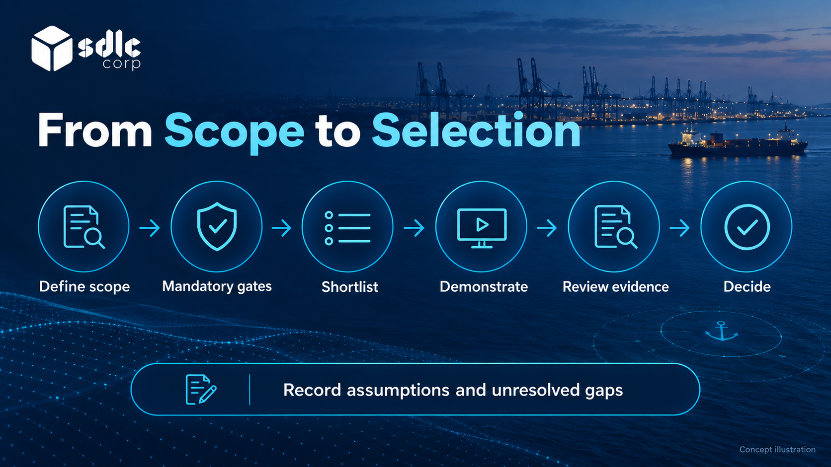 Selection stages from scope and gates to demonstration, evidence review and a recorded choice.