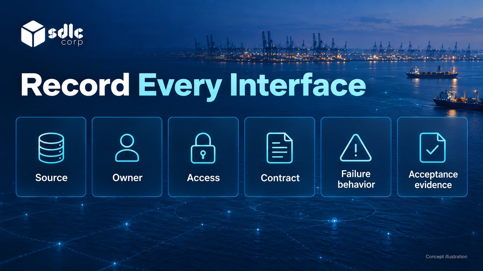 Interface register fields for source, owner, access, contract, failure behavior and acceptance.