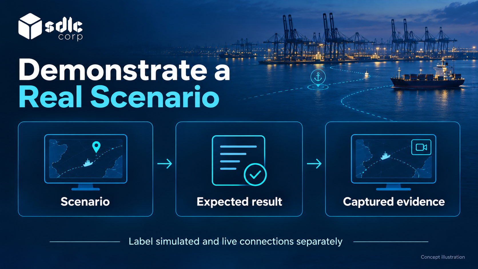 Demonstration scenarios connected to expected results and captured evidence.