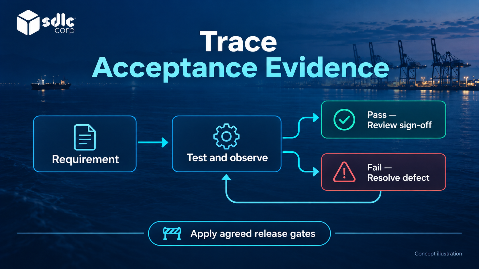 Acceptance flow from requirements and tests to defect correction, retesting and release review.