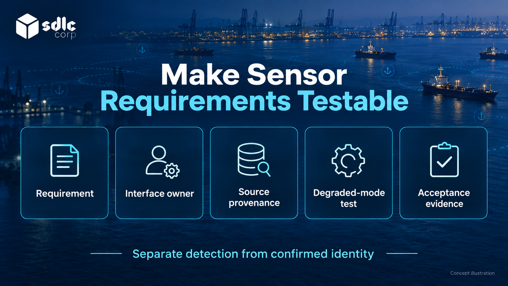Sensor requirement areas covering source owners, traceability, degraded states and test evidence.