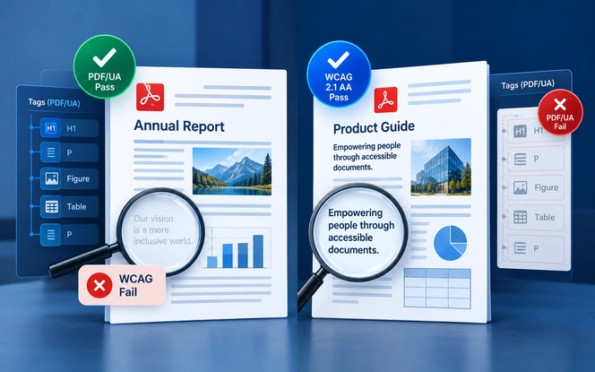 Two PDFs compared, one passing PDF/UA but failing WCAG and one passing WCAG but failing PDF/UA