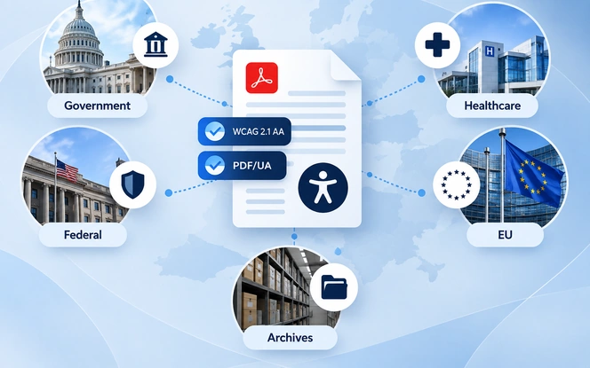 PDF accessibility standards routed by sector: government, healthcare, federal, EU and archives