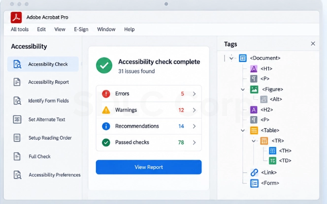 How to validate PDF accessibility tagging Adobe Acrobat Pro accessibility check results listing errors, warnings and passed checks beside the Tags panel