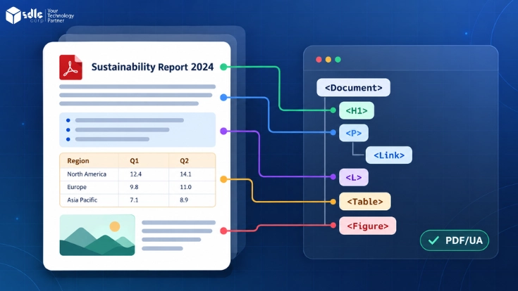 Illustration of PDF accessibility tagging showing a report connected to heading, paragraph, list, table, figure and link tags with PDF/UA validation.