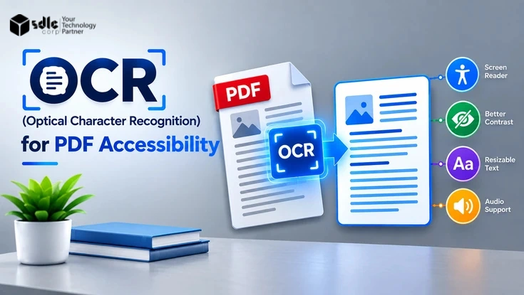 OCR (Optical Character Recognition) converting a PDF into an accessible document with screen reader, contrast, text resizing, and audio support.