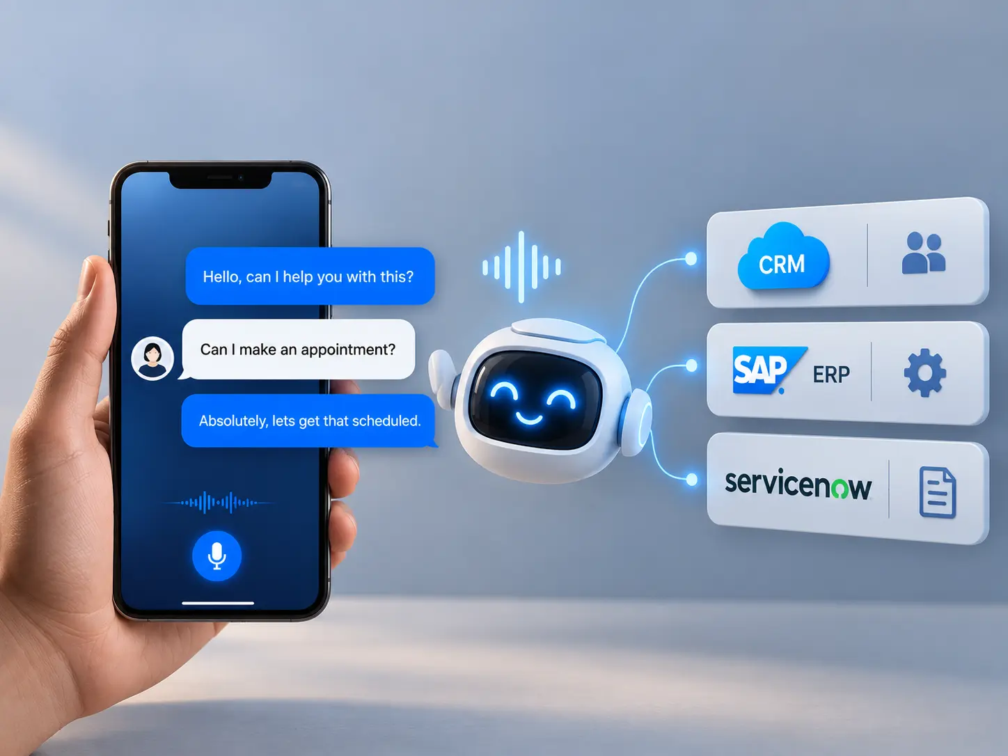 AI voice agent integration dashboard showing a friendly AI assistant connected to CRM, ERP, and ITSM systems alongside a customer support agent on a live call. AI voice agent connected to CRM, ERP, and ServiceNow for real-time business data and customer support.