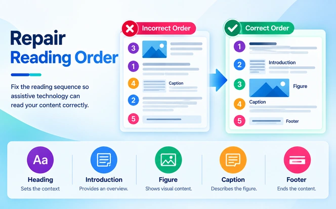 Two-column PDF page with numbered arrows showing the correct reading order from heading through both columns to the footer
