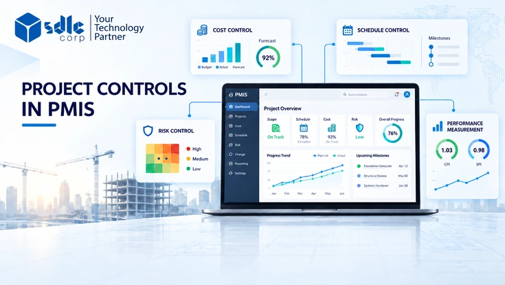Project controls in PMIS dashboard showing cost, schedule, risk and performance management with integrated project data.