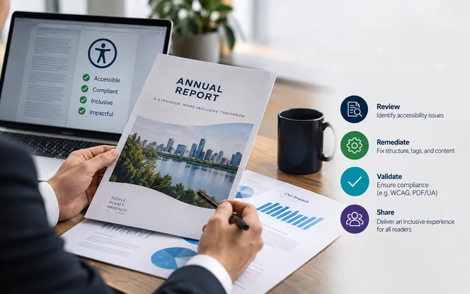 Two-column annual report PDF spread with reading-order markers guiding a screen reader down each column in turn