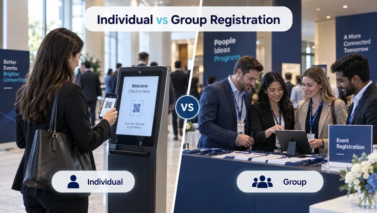 Individual vs group event registration showing a solo attendee using QR check-in and a team registering together at an event desk.