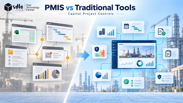 PMIS vs traditional project management tools showing disconnected systems compared with an integrated capital project control platform.