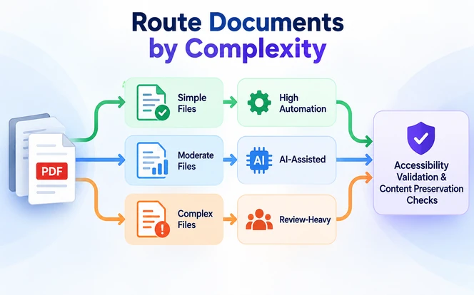 Routing lanes diagram: a pre-analysis step splits incoming files into high automation, AI-assisted, and review-heavy lanes, which converge on accessibility validation and content preservation checks before final approval.