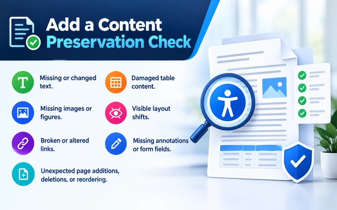 Side-by-side comparison of an original and a remediated PDF page, with expected structural changes marked separately from unexpected content changes held for review.