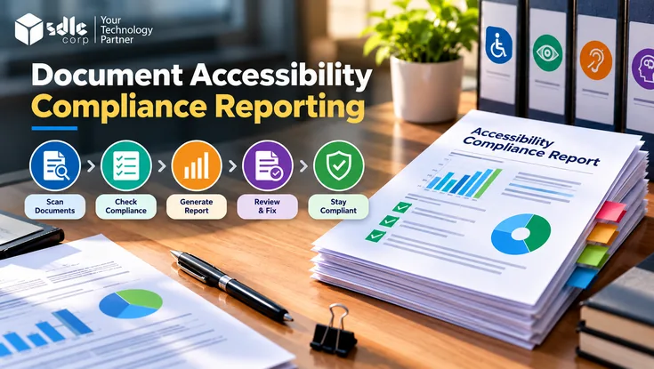 Document accessibility compliance reporting process showing document scanning, compliance checks, report generation, review, and remediation with accessibility charts and checklists.