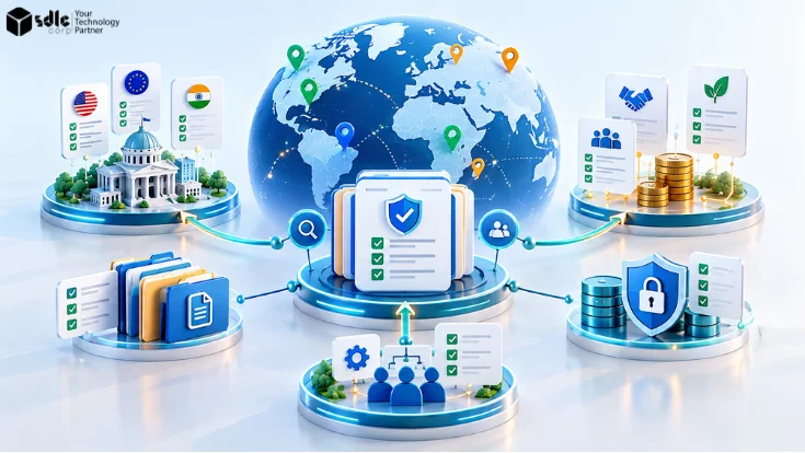 Global NGO compliance framework connecting country regulations, donor requirements, internal controls, document management, governance, and data security across global operations.