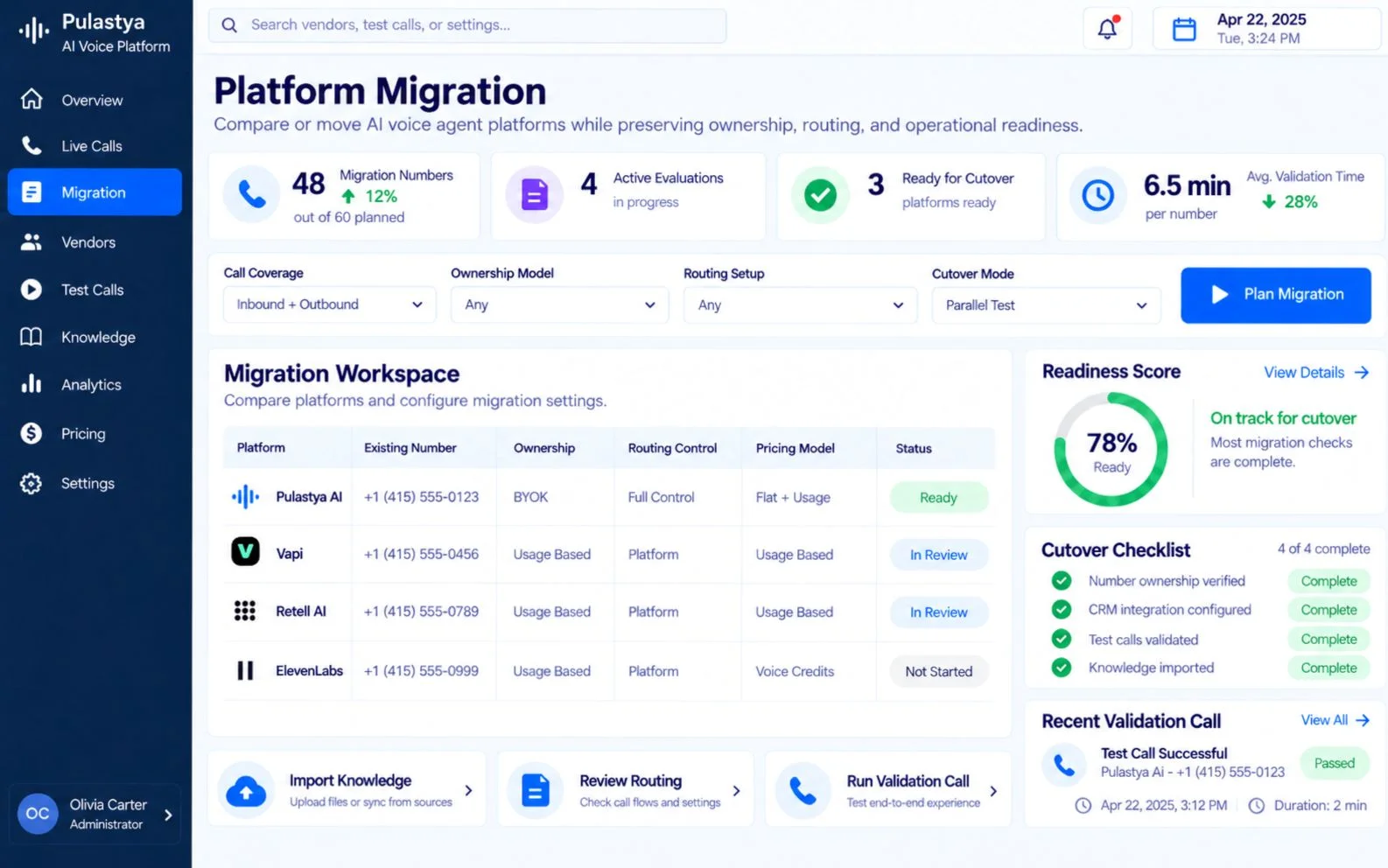 Pulastya call dashboard showing the agent configuration, connected provider accounts, call transcripts and outcomes that a team has to rebuild when it moves from one voice agent platform to another.