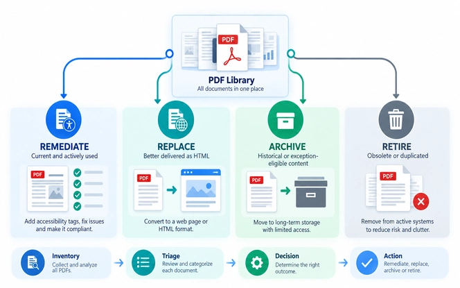 PDF remediation triage showing four document outcomes: remediate, replace, archive, and retire