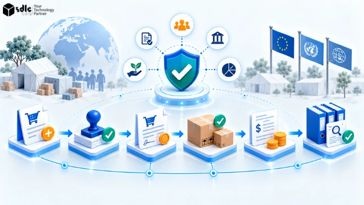 NGO procurement controls workflow showing purchase requests, approvals, purchase orders, delivery, payment, compliance checks, and audit trail documentation.