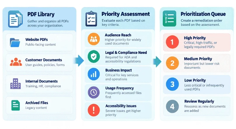 PDF remediation priority signals: usage, service criticality, accessibility risk, complexity and source availability