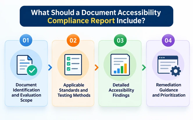 Structure of a document accessibility compliance report covering scope, standards, findings, remediation and verification