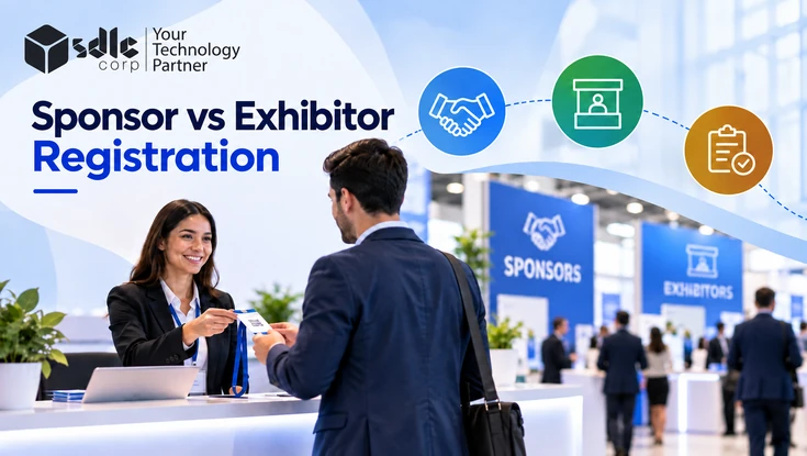 Sponsor vs exhibitor registration at an event with attendee check-in and sponsor and exhibitor management icons