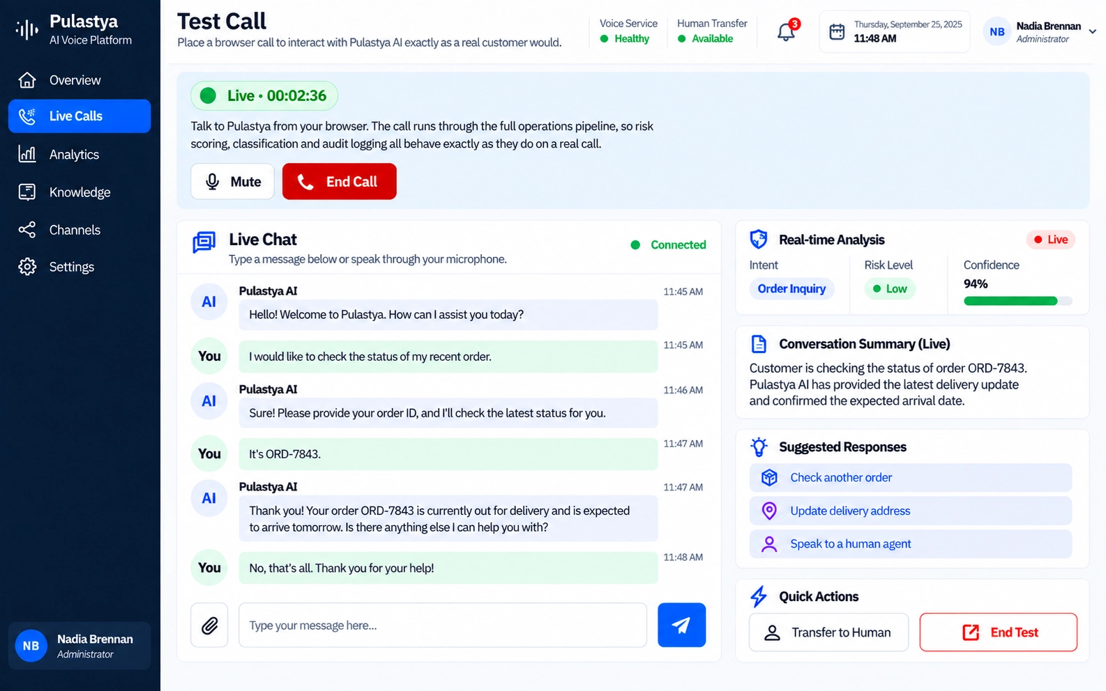 Chat dashboard showing enterprise conversational AI chat interactions and operational insights.