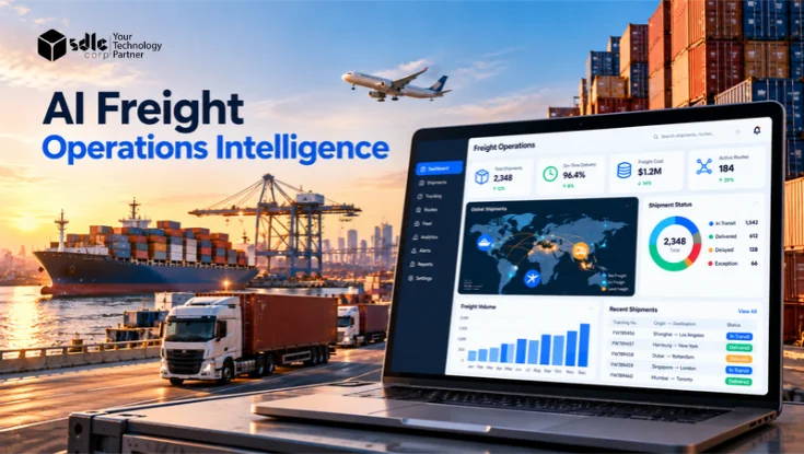 AI Freight Operations Intelligence dashboard on a laptop with cargo trucks, container ship, port cranes, and global freight analytics.
