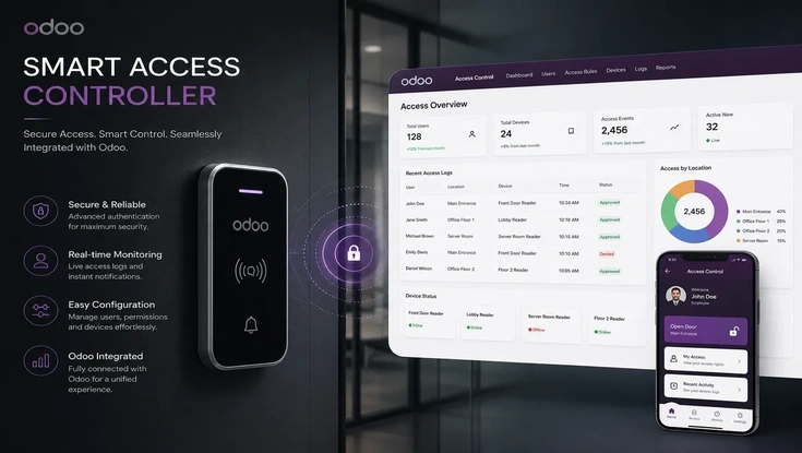 Odoo Smart Access Controller dashboard showing secure access control, real-time monitoring, device management, and mobile integration.