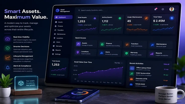 Smart asset management dashboard showing real-time asset tracking, lifecycle management, maintenance, financial insights, and performance analytics.