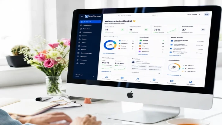 Hotel management dashboard displaying reservations, occupancy, room availability, revenue, housekeeping status, and recent activities.