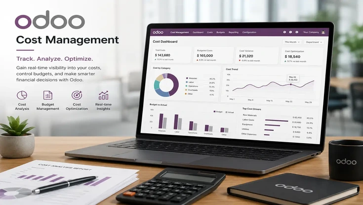 Odoo cost management dashboard showing cost analysis, budget tracking, optimization insights, cost trends, and financial performance metrics.