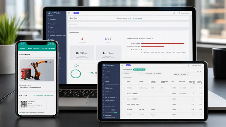 QRmaint maintenance management dashboard displayed across laptop, tablet, and mobile, showing work orders, asset tracking, downtime, spare parts, and preventive maintenance.