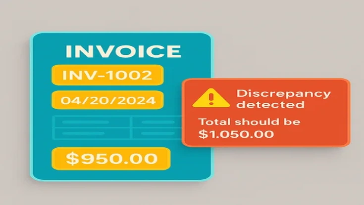Invoice discrepancy detection showing a $950 invoice total flagged against the expected $1,050 amount.