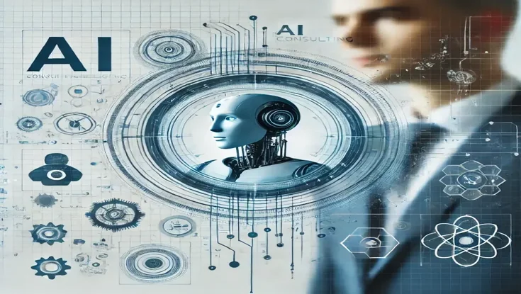 AI consulting concept featuring a humanoid robot, digital circuitry, automation symbols, and advanced technology interface.
