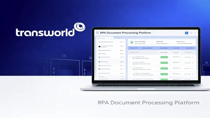 Transworld RPA document processing platform displayed on a laptop for automated document management and workflow processing.